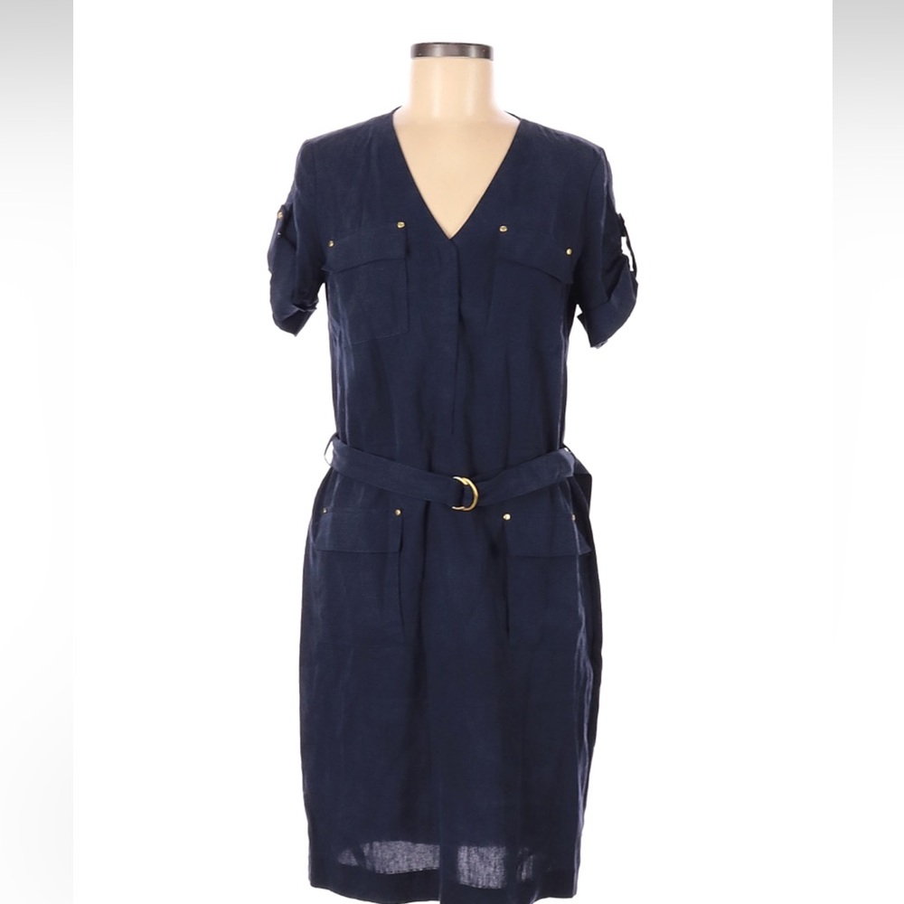 H&M Navy V-Neck Belted Short Sleeve Midi Dress